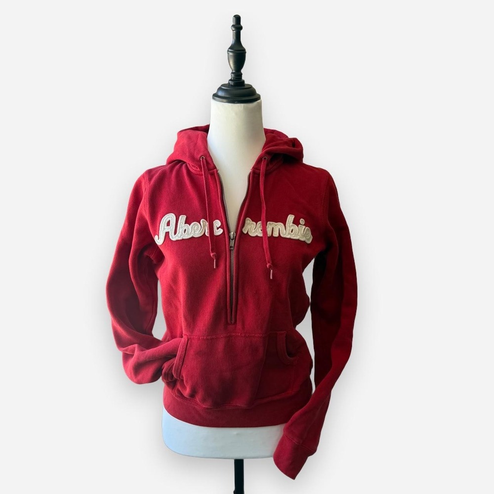 Abercrombie & Fitch Vintage Y2K Red 1/4 Zip Applique Logo Hoodie Youth XL XS/S